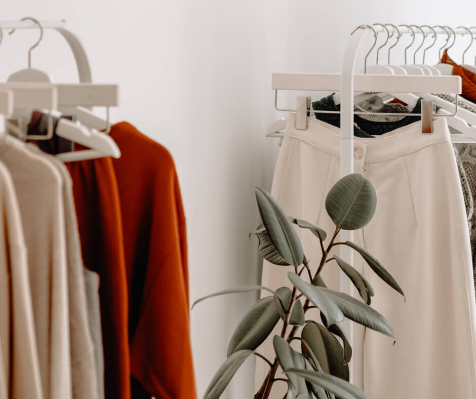 A rack of clothes and a potted plant.