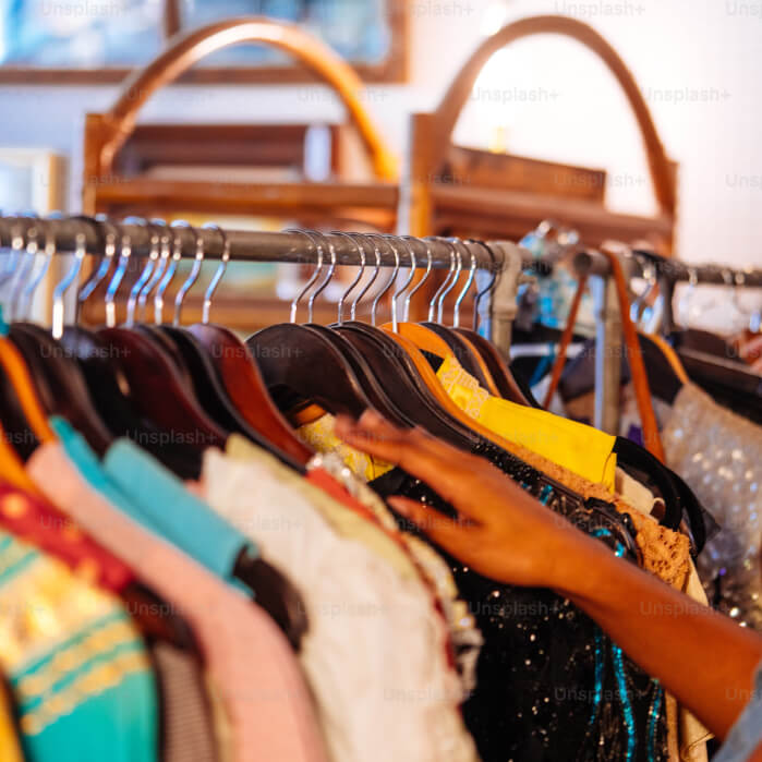 A woman is looking at a rack of clothes.